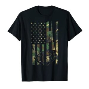 Camo American Flag Rifle Antler Deer Hunting Gun Hunter Gift T-Shirt