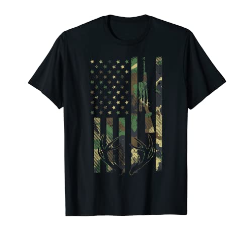 Camo American Flag Rifle Antler Deer Hunting Gun Hunter Gift T-Shirt