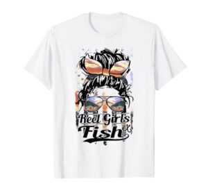 retro us flag messy bun hair reel girls fish fisherman gift t-shirt