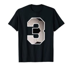 jersey number #3, three athletic style soccer ball player t-shirt