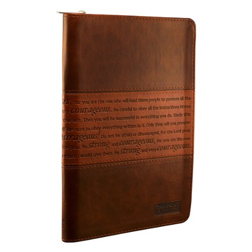 Classic Faux Leather Journal Strong and Courageous Joshua 1:57 Bible Verse, Brown Inspirational Notebook, Lined Pages w/Scripture, Ribbon Marker, Zipper Closure