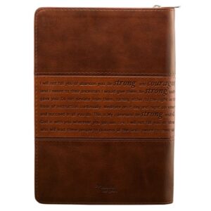 Classic Faux Leather Journal Strong and Courageous Joshua 1:57 Bible Verse, Brown Inspirational Notebook, Lined Pages w/Scripture, Ribbon Marker, Zipper Closure