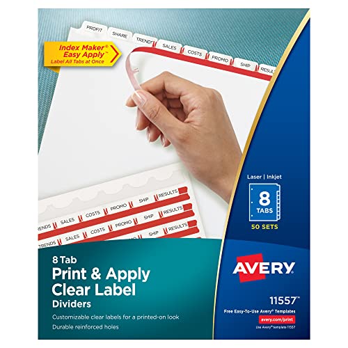 Avery Index Maker Clear Label Dividers, 8.5 x 11 Inch, 8 Tab, White Tab, 50 Sets (11557)