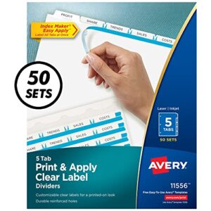 avery 5-tab binder dividers, easy print & apply clear label strip, index maker, white tabs, 50 sets (11556)
