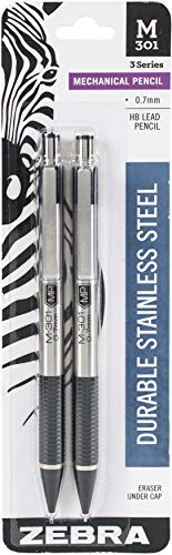 Zebra Pen M-301 Mechanical Pencil, Stainless Steel Barrel, Medium Point, 0.7mm, Black Grip, 2-Pack