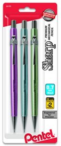 pentel sharp mechanical pencil (0.7mm) metallic barrels, assorted colors (mp1/ms/mk1), 3-pk (p207mbp3m1)