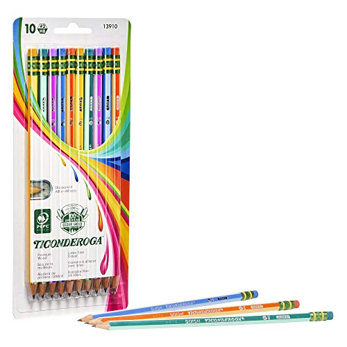 Ticonderoga X13910 Striped Wood-Cased Pencils, 2 HB Soft, Pre-Sharpened, 10 Count, Assorted Colors