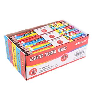 madisi assorted colorful pencils, incentive pencils，#2 hb, 10 designs, 150 pack， pencils bulk for kids