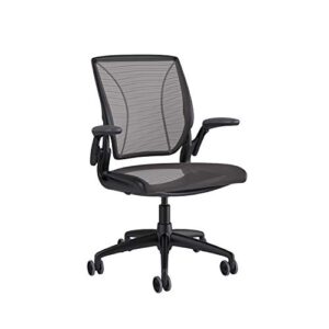 humanscale diffrient world task chair | black pinstrip mesh seat and back | black frame, black trim | height-adjustable duron arms | standard foam seat, 3″ carpet casters, 5″ cylinder