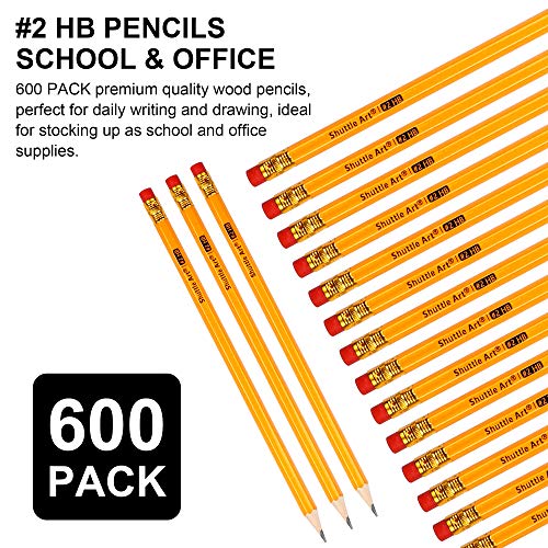 Shuttle Art Wood-Cased #2 HB Pencils, 600 Pack Sharpened Yellow Pencils with Erasers, Bulk Pack Graphite Pencils for School and Teacher Supplies, Writhing, Drawing and Sketching