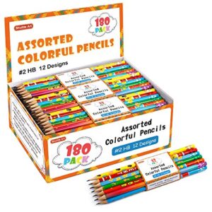 shuttle art assorted colorful pencils, 180 pack kids pencils bulk with 12 designs, 2 hb, pre-sharpened awards and incentive pencils for kids school home party christmas halloween valentines day