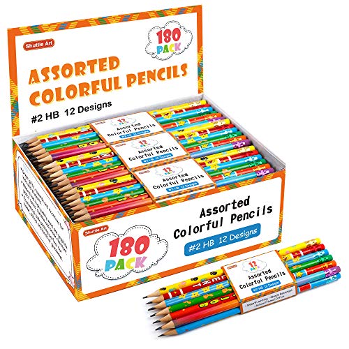 Shuttle Art Assorted Colorful Pencils, 180 Pack Kids Pencils Bulk with 12 Designs, 2 HB, Pre-sharpened Awards and Incentive Pencils for Kids School Home Party Christmas Halloween Valentines Day