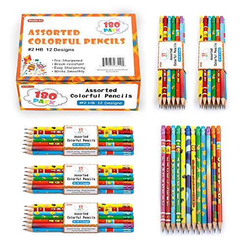 Shuttle Art Assorted Colorful Pencils, 180 Pack Kids Pencils Bulk with 12 Designs, 2 HB, Pre-sharpened Awards and Incentive Pencils for Kids School Home Party Christmas Halloween Valentines Day