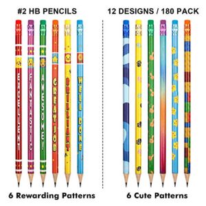 Shuttle Art Assorted Colorful Pencils, 180 Pack Kids Pencils Bulk with 12 Designs, 2 HB, Pre-sharpened Awards and Incentive Pencils for Kids School Home Party Christmas Halloween Valentines Day
