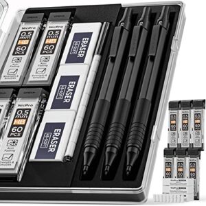 nicpro 0.5 mm mechanical pencils set with case, 3 metal artist pencil with 6 tubes hb lead refills, 3 erasers, eraser refills for architect art writing drafting, drawing, engineering, sketching, black