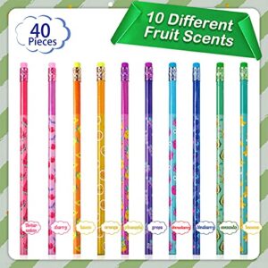 Outus 40 Pieces Scented Pencils with Eraser HB Pencils Graphite Pencil Cylinder Wood Pencils with Fruit Elements School Stationery Party Reward Supplies for Girls and Boys, 10 Styles (Fruit Style)