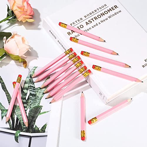 24 Pieces Small Pencils Half Pencils Golf Pencils with Eraser Easy to Hold Graphite HB Pencils for Baby Shower Bridal Shower Wedding Golf School Office (Pink)