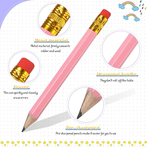 24 Pieces Small Pencils Half Pencils Golf Pencils with Eraser Easy to Hold Graphite HB Pencils for Baby Shower Bridal Shower Wedding Golf School Office (Pink)