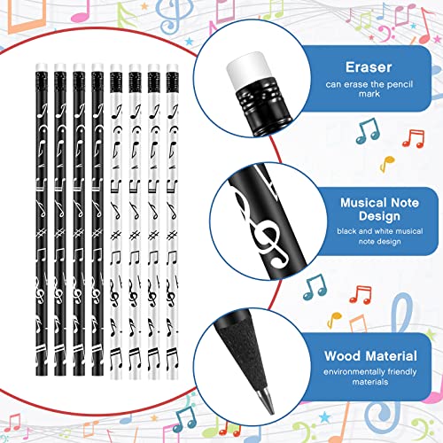 Music Note Pencils Music Pencils Music Themed Pencils Kids Musical Pencils Round White Black Pencils Woodcase Pencils with Eraser for School Office Supplies Drawing Writing, 7 Inches (24 Pieces)