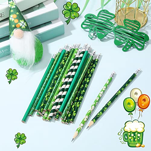 St. Patrick's Day Pencils Shamrock Pencils Clover Novelty Stripe Pencils with Eraser Assorted Kids Pencils Lucky Wood Pencils for 100th Day of School Party Favor Office Supply, 5 Styles (25 Pieces)