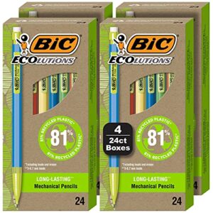 bic ecolutions mechanical pencils with erasers, with colorful barrel, medium point (0.7mm), 96-count pack, mechanical pencils made from 81% recycled plastic excluding leads and erasers