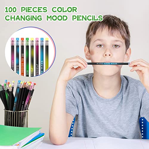 100 Pcs Inspirational Pencils Color Changing Mood Pencils Personalized Pencils with Words Motivational Cute Pencils with Eraser Heat Activated Wooden Pencils Class Reward for Kid (Black)