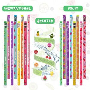 48 Pcs Scented Pencils for Kids Inspirational HB Pencils with Erasers Cylinder Colorful Fun Wood Pencils Motivational Graphite Pencils with Fruit Elements for School Office Classroom Students