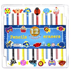 12 pack cute pencils for kids, fun pencils with animal eraser toppers, smooth writing bulk pencils perfect rewards for school classroom, holiday gifts, party favors