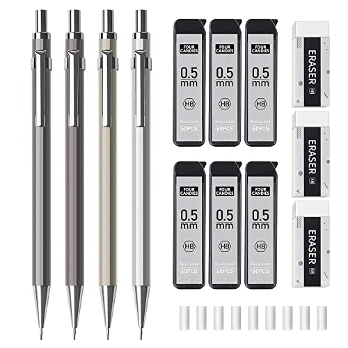 Four Candies 0.5mm Mechanical Pencil Set with Case - 4PCS Metal Mechanical Pencils, 6 Tubes HB #2 Lead Refills, 3PCS 4B Erasers and 9PCS Eraser Refills, Lead Mechanical Pencils for Writing & Drawing