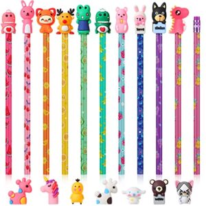 ireer 60 pcs scented pencils for kids animal fruit scent hb graphite pencils with 60 pcs cartoon pencil toppers cute pencil cap gift for school office classroom party reward supplies (bright style)