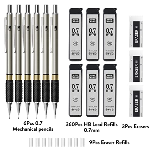 Four Candies Metal Mechanical Pencil Set - 6PCS 0.7mm Art Mechanical Pencils & 360PCS HB Lead Refills & 3PCS Erasers & 9PCS Eraser Refills, Drawing Mechanical Pencils for Writing, Sketching/With Case