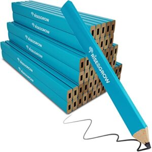 Rise & Grow 50 Set, Blue Carpenter Pencils Bulk 7” – HB Lead Flat Construction Pencils for Men and Women - Woodworking Pencils for Marking Blue pencil with dark grey lead 50 Count (Pack of 1)