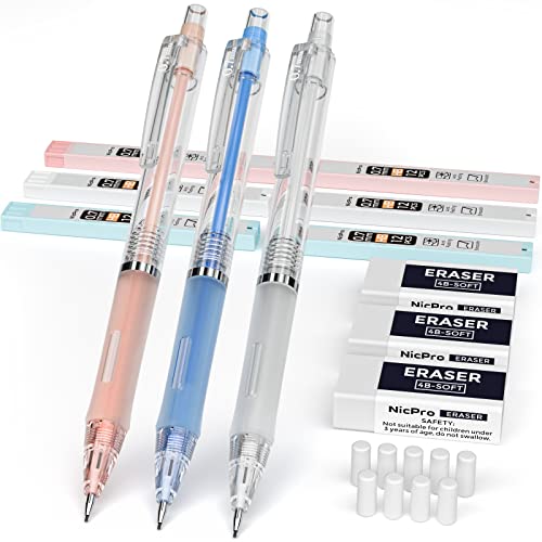 Nicpro 3 PCS Pastel Mechanical Pencil 0.7 mm for School, with 6 tubes HB Lead Refills, 3 Erasers, 9 Eraser Refills for Student Writing, Drawing, Sketching, Blue & Pink & White Colors - with Cute Case