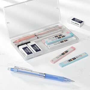 Nicpro 3 PCS Pastel Mechanical Pencil 0.7 mm for School, with 6 tubes HB Lead Refills, 3 Erasers, 9 Eraser Refills for Student Writing, Drawing, Sketching, Blue & Pink & White Colors - with Cute Case