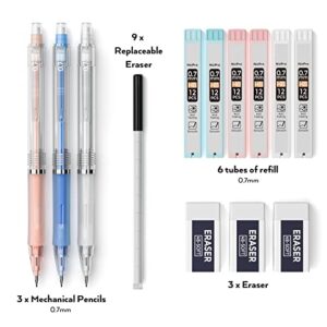 Nicpro 3 PCS Pastel Mechanical Pencil 0.7 mm for School, with 6 tubes HB Lead Refills, 3 Erasers, 9 Eraser Refills for Student Writing, Drawing, Sketching, Blue & Pink & White Colors - with Cute Case