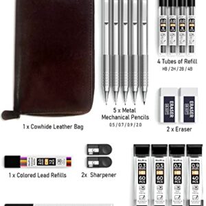 Nicpro 20PCS Metal Mechanical Pencil Set in Leather Case, 0.3, 0.5, 0.7, 0.9 mm & 2mm Lead Pencil Holders, 9 Tube (4B 2B HB 2H) Lead Refills(Black & Colors), Erasers For Art Drafting Sketching Drawing