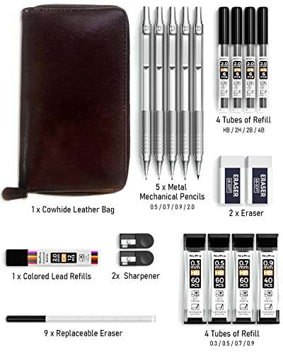 Nicpro 20PCS Metal Mechanical Pencil Set in Leather Case, 0.3, 0.5, 0.7, 0.9 mm & 2mm Lead Pencil Holders, 9 Tube (4B 2B HB 2H) Lead Refills(Black & Colors), Erasers For Art Drafting Sketching Drawing