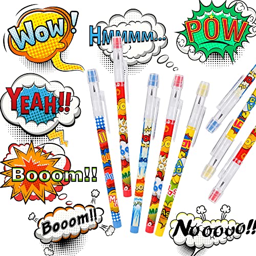48 Pcs Superhero Text Pencils Translucent Pencil Multipoint Pencil Multicolor Non- Sharpening Stackable Pencils Pop Up Plastic Pencils Pow! Snap! Wham! Bang! Pencil Stationery Pencil，4 style