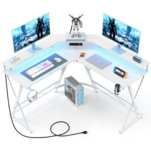 Mr IRONSTONE White Gaming Desk with LED Lights ＆Power Outlet, L Shaped Computer Corner Desk with Cup Holder ＆ Headphone Hook, Carbon Fiber Home Office Desks with Large Monitor Stand, White, 50''