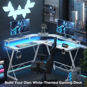 Mr IRONSTONE White Gaming Desk with LED Lights ＆Power Outlet, L Shaped Computer Corner Desk with Cup Holder ＆ Headphone Hook, Carbon Fiber Home Office Desks with Large Monitor Stand, White, 50''