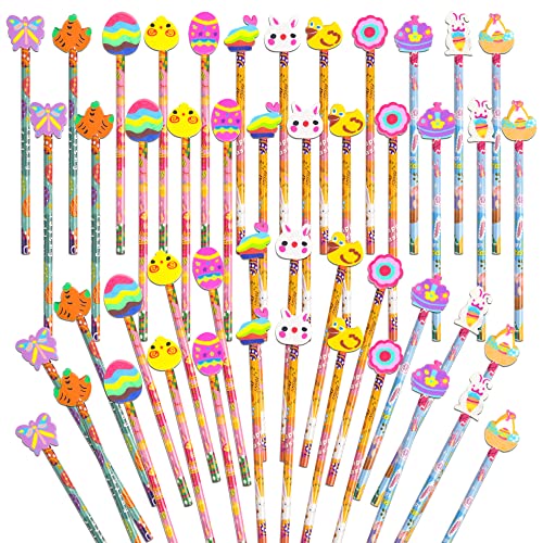 SAIWEILAI ONLINE 50 Pieces Easter Pencils Wood Pencils Happy Easter Day Elements With Giant Rabbit Chick Eraser Assortment Easter Stationery Pencil for Easter Party Favors (50)