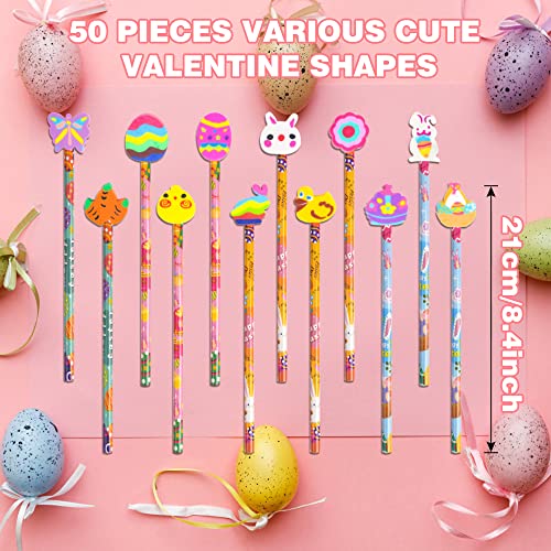 SAIWEILAI ONLINE 50 Pieces Easter Pencils Wood Pencils Happy Easter Day Elements With Giant Rabbit Chick Eraser Assortment Easter Stationery Pencil for Easter Party Favors (50)