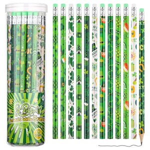 adxco 36 pieces st patrick’s day pencils green shamrock pencils with erasers and pencil bucket irish pencils for st. patrick’s party favors supplies, school, classroom, 12 styles