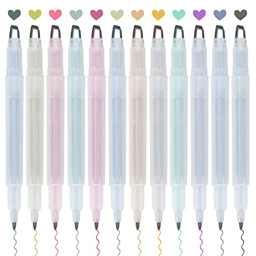 LABUK 12pcs Clear View Tip Highlighter, Dual Tips Marker Pen, Mild Assorted Colors, See-Through Chisel Tip and Fine Tip, Water Based, No Bleed Dry Fast for Journal Bible Planner Notes