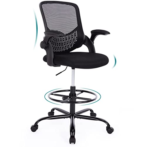 Drafting Chair, Tall Desk Chair Standing Desk Chair, Tall Office Chair for Standing Desk, Drafting Chair Adjustable Height with Foot Ring, Counter Height Office Chair with Flip-up Arms, Lumbar Support