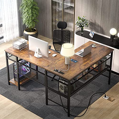 L Shaped Desk with USB Charging Port and Power Outlet, Reversible L-Shaped Corner Computer Desks with Storage Shelves, Industrial 2 Person Gaming Table Modern Home Office Desk