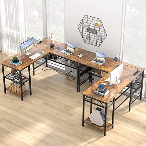 L Shaped Desk with USB Charging Port and Power Outlet, Reversible L-Shaped Corner Computer Desks with Storage Shelves, Industrial 2 Person Gaming Table Modern Home Office Desk