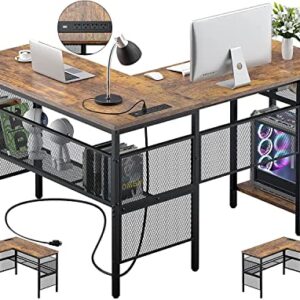 L Shaped Desk with USB Charging Port and Power Outlet, Reversible L-Shaped Corner Computer Desks with Storage Shelves, Industrial 2 Person Gaming Table Modern Home Office Desk