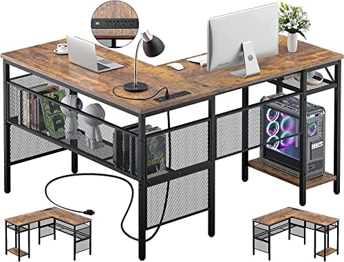 L Shaped Desk with USB Charging Port and Power Outlet, Reversible L-Shaped Corner Computer Desks with Storage Shelves, Industrial 2 Person Gaming Table Modern Home Office Desk