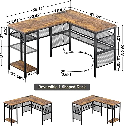 L Shaped Desk with USB Charging Port and Power Outlet, Reversible L-Shaped Corner Computer Desks with Storage Shelves, Industrial 2 Person Gaming Table Modern Home Office Desk